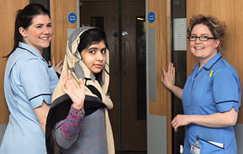 Malala Yousafzai leaving the Queen Elizabeth Hospital, Birmingham, after undergoing surgery to repair her skull, January 4 2013