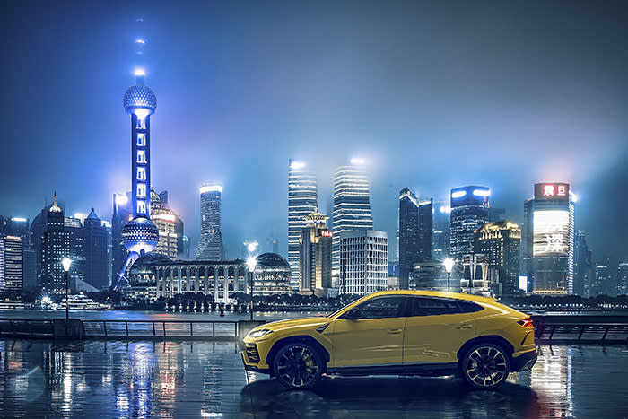 Lamborghini’s Urus SUV against a backdrop of Shanghai