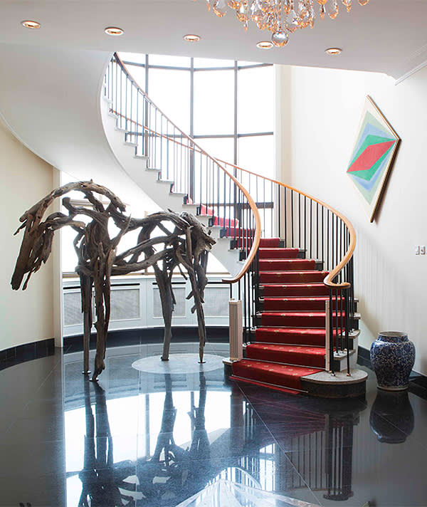 Circular staircase and ‘Isabelle’, a sculpture by Deborah Butterfield