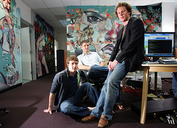 From left, Mark Zuckerberg, Dustin Moskovitz and Sean Parker at Facebook headquarters in California in 2005