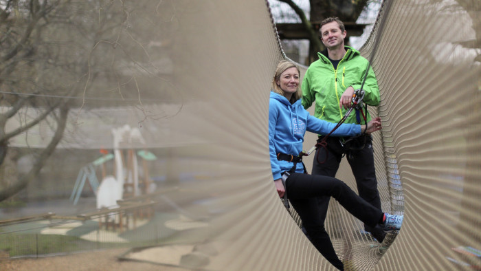 Kings of the swing: Tristram and Rebecca Mayhew at Go Ape’s site in Battersea Park, London