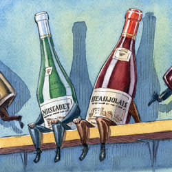 An illustration of wine bottles on a shelf