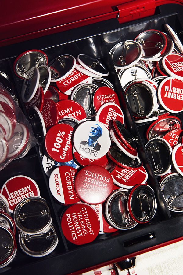 Badges on sale at a Momentum rally in Walthamstow