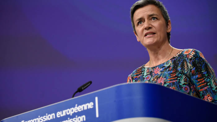 EU Commissioner of Competition Margrethe Vestager gives a joint press on Antitrust : Google online search advertising at the EU headquarters in Brussels on March 20, 2019. - The EU's powerful anti-trust regulator slapped tech giant Google with a new fine on March 20, 2019 over unfair competition, in Europe's latest salvo against Silicon Valley. (Photo by John THYS / AFP) (Photo credit should read JOHN THYS/AFP via Getty Images)