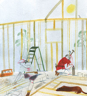 Illustration of people building a house by Laura Carlin