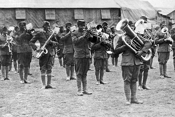 The band of the Harlem Hellfighters 369th Infantry Regiment, France, circa 1918