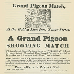 An 1833 advertisement for a pigeon shoot