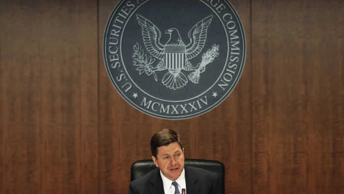 Jay Clayton, chairman of U.S. Securities and Exchange Commission (SEC), speaks during an SEC open meeting in Washington, D.C., U.S., on Wednesday, April 18, 2018. Clayton unveiled a new approach that will attempt to address legal and regulatory uncertainties that were largely triggered by the Labor Department's rules. Photographer: Yuri Gripas/Bloomberg