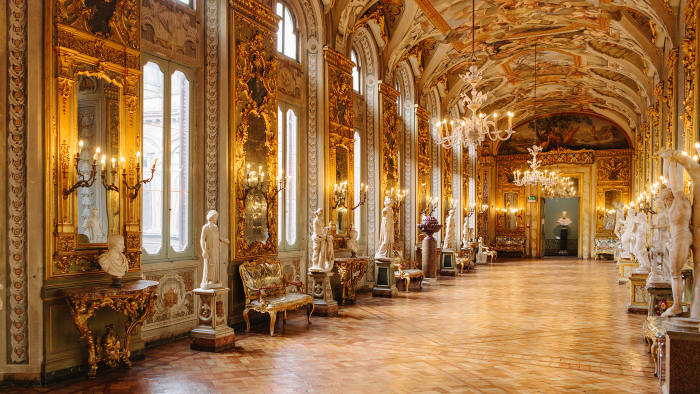 Gallery of Mirrors, designed by Gabriele Valvassori c1730, in the Palazzo Doria Pamphilj, Rome. The frescoes, by Aureliano Milani, are based on the labours of Hercules