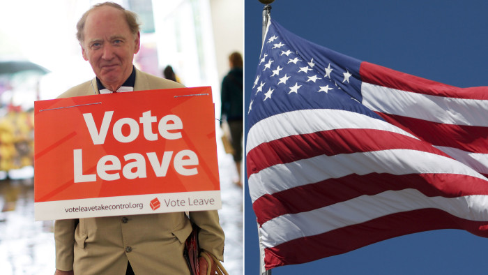 Composite photo of a man campaigning for the UK to leave the EU, and the US flag