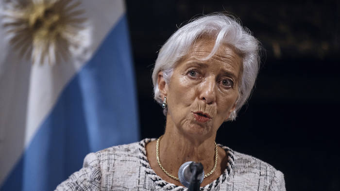 International Monetary Fund (IMF) Managing Director, Christine Lagarde speaks during a news conference with Argentina's Treasury Minister Nicolas Dujovne, unseen, at the Consulate of Argentina, Wednesday, Sept. 26, 2018. Argentina's Treasury Minister Nicolas Dujovne said Wednesday that Argentina has secured an additional $7.1 billion in funding, in addition to the $50 billion in financing included in a deal worked out with the IMF in June after Argentina was battered by a currency crisis and double-digit inflation. (AP Photo/Andres Kudacki)