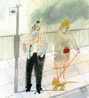 An illustration of a man with body piercings and a women with a dog