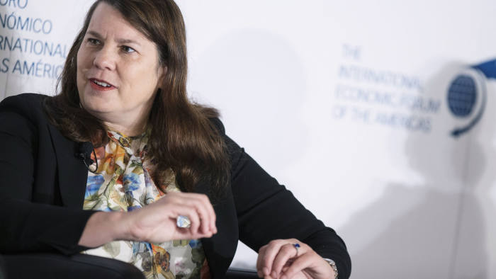 Jane Buchan, chief executive officer of Pacific Alternative Asset Management Co., speaks during the International Economic Forum Of The Americas (IEFA) in Montreal, Quebec, Canada, on Monday, June 11, 2018. The conference strives to foster exchanges of information, to promote free discussion on major current economic issues and facilitate meetings between world leaders to encourage international discourse by bringing together Heads of State, the private sector, international organizations and civil society. Photographer: Christinne Muschi/Bloomberg