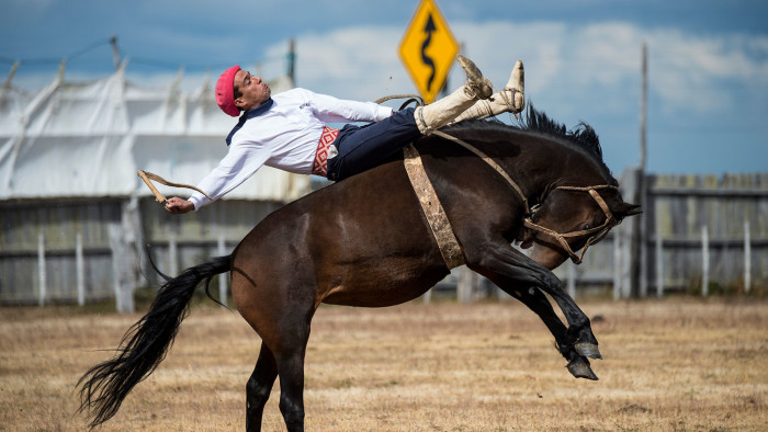 A Chilean ‘huaso’ riding in the XIV International Rodeo Festival in Patagonia
