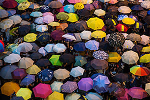 Umbrellas are opened as tens of thousands come to the main protest site one month after the Hong Kong police used tear gas to disperse protesters October 28, 2014 in Hong Kong