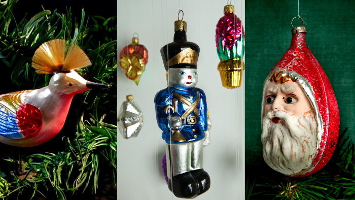 From left: a bird ornament c1925-1930, a soldier bauble handblown to a mould dating from the early 20th century and a Christmas bauble from Lauscha made in 1900-1920