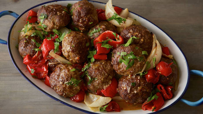 Lamb and beef kofta with roasted vegetables