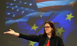 European Commissioner for Trade Cecilia Malmstrom gestures during a press conference on Transatlantic Trade and Investment Partnership (TTIP) at the European Commission headquarters in Brussels, on January 7, 2015. Malmstrom annouced the publishing of TTIP legal texts as part of a transparency initiative. AFP PHOTO/Emmanuel Dunand (Photo credit should read EMMANUEL DUNAND/AFP/Getty Images)