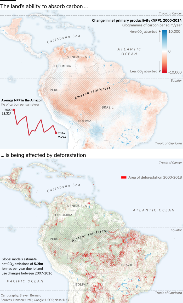 Maps showing deforestation in the Amazon and the ability of the land to absorb carbon. Over 200,000 square kilometres of rainforest has been lost since 2000