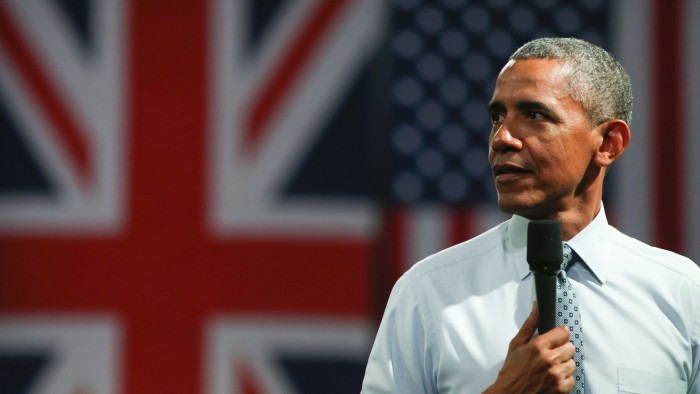 US President Barack Obama answers questions from members of the audience at an event in central London on April 23, 2016. Barack Obama warned Britain on Friday against leaving the European Union, undercutting a key argument of eurosceptics by saying London would be &quot;at the back of the queue&quot; for a post-Brexit trade deal. The US president's comments on Britain's June 23 EU membership referendum at a press conference with UK Prime Minister David Cameron drew a furious reaction from those campaigning to leave the 28-country bloc. / AFP / JUSTIN TALLIS (Photo credit should read JUSTIN TALLIS/AFP/Getty Images)