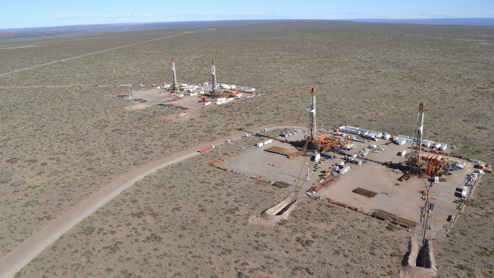 An aerial view is seen of a shale oil drilling rig in the Patagonian province of Neuquen