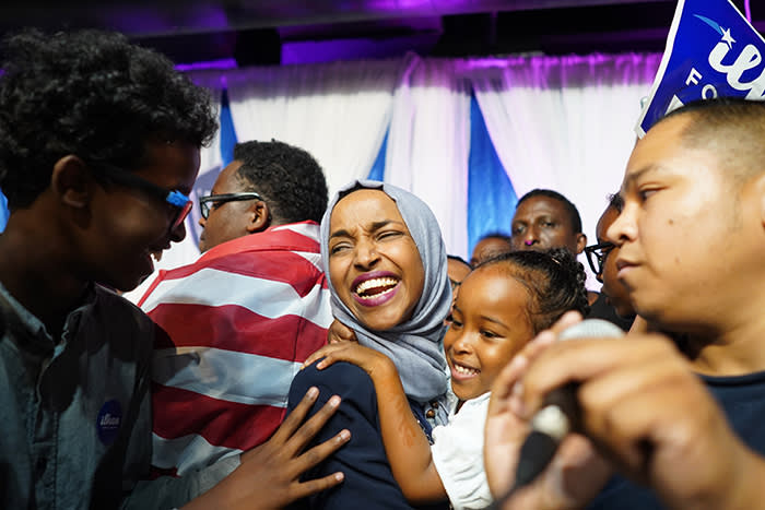 US First Somali-American legislator Ilhan Omar celebrates after winning a Democratic primary in Minnesota's 5th Congressional District in Minneapolis, Us, 14 August 2018. Omar is poised to become the first Muslim woman in the US Congress after her election victory for the Democrats. Photo: Mark Vancleave/Minneapolis Star Tribune/dpa