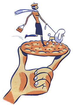 An illustration of a French woman atop a Carr’s water biscuit