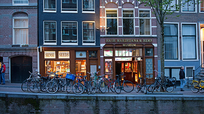 DNR34W Hash Marihuana and Hemp Museum in Amsterdam at night on Oudezijds Achterburgwal 148, Holland, the Netherlands.