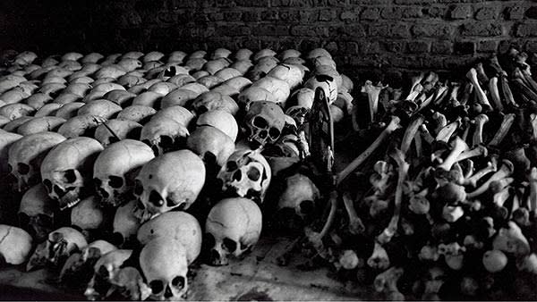 A row of human skulls from the genocide in Rwanda