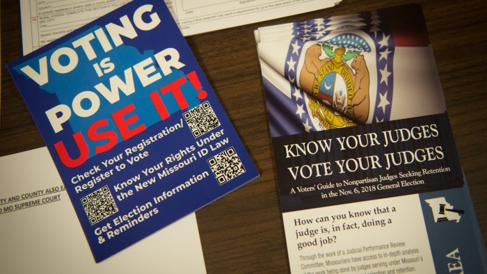 Voting brochures and information is seen during a community discussion on the campus of University of Missouri - St. Louis in St. Louis, Missouri on October 8, 2018. Photo by Michael Thomas for Financial Times