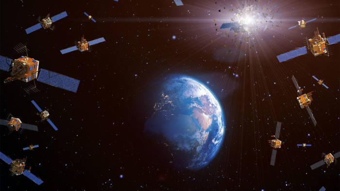 An illustration of satellites surrounding Earth