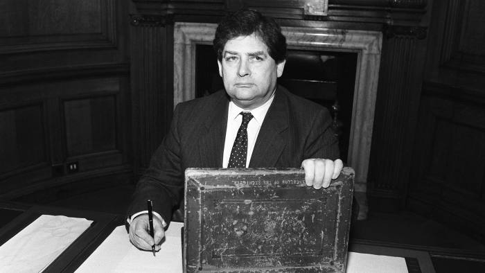 Chancellor Nigel Lawson at work with his budget box on March 8, 1989.