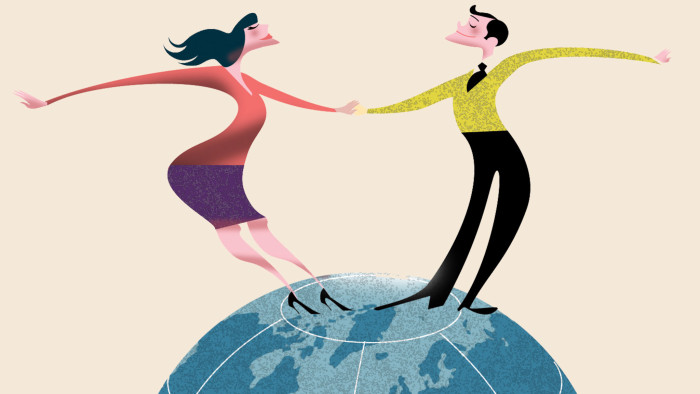 a man and woman dancing on a globe. Illustration by Luis Grañena
