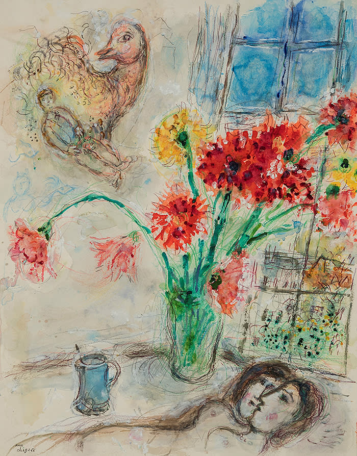 AMOUREUX AU BOUQUET DE DAHLIAS MARC CHAGALL (Liozna, 1887 - Saint Paul de Vence, 1985) Gouache, tempera, pastel, color pencil and pencil on paper 60.7 x 48 cm (23.9 x 18.9 in.) Stamped lower left 'Marc Chagall' November 1971 EXHIBITOR: HAMMER GALLERIES