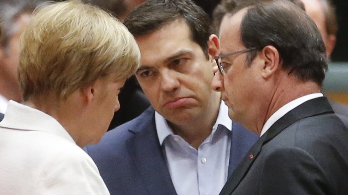 epa04843942 Greek Prime Minister Alexis Tsipras (C) talks with German Chancellor Angela Merkel (L) and French President Francois Hollande at the start of eurozone leaders' summit on the Greek crisis at the European Council headquarters in Brussels, Belgium, 12 July 2015. Greece is teetering on the edge of default, cut off from bailout aid, in arrears to the International Monetary Fund (IMF), owing large debt repayments this month and fending off suggestions that it could soon exit the eurozone. EPA/OLIVIER HOSLET
