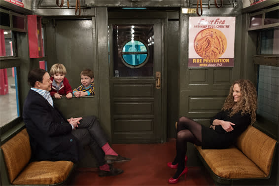 Katie Roiphe and son Leo meet Andrew Solomon and son George at the New York Transit Museum