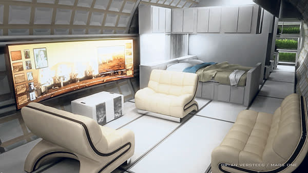 CGI of the interior of a Mars One ‘habitat’ featuring seats, a,table, bed and TV