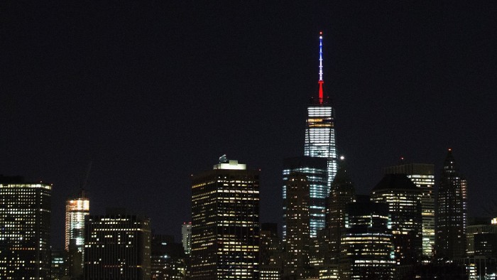 NEW YORK, NY - NOVEMBER 13:  One World Trade Center's spire is shown lit in French flags colors of  white, blue and red in solidarity with France after tonight's terror attacks in Paris, November 13, 2015 in New York City. According to reports, over 150 people were killed in a series of bombings and shootings across Paris, including at a soccer game at the Stade de France and a concert at the Bataclan theater.  (Photo by Daniel Pierce Wright/Getty Images)
