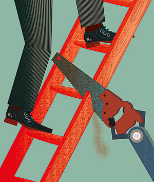 illustration of a person climbing a ladder that is being cut by a saw