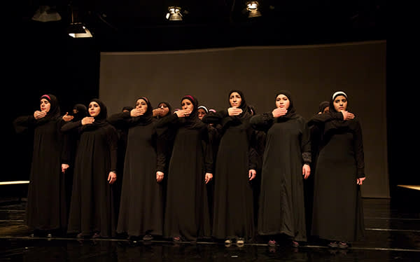 Syrian women on stage in Amman, Jordan, for their production of Euripides’ ‘The Trojan Women’