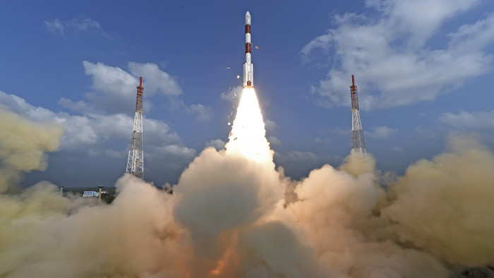 This photograph released by Indian Space Research Organization shows its polar satellite launch vehicle lifting off from a launch pad at the Satish Dhawan Space Centre in Sriharikota, India, Wednesday, Feb.15, 2017. India's space agency said it successfully launched more than 100 foreign nano satellites into orbit Wednesday aboard a single rocket.( Indian Space Research Organization via AP)