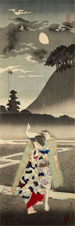 Japanese print ‘Lovers Fleeing in the Moonlight from the novel “Rural Genji”’ by Tsukioka Yoshitoshi