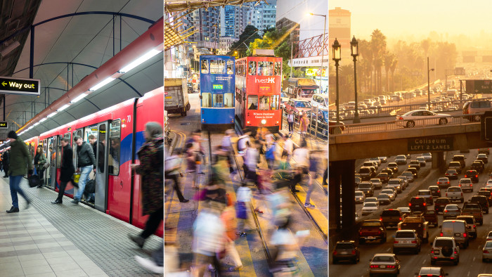 From left: commuters on the London Underground; tram crossing in Hong Kong; traffic jam in downtown Los Angeles