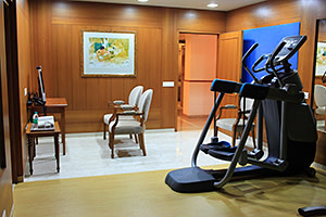 Videoconference table and exercise equipment in the office apartment of Natarajan Chandrasekaran's home in Mumbai