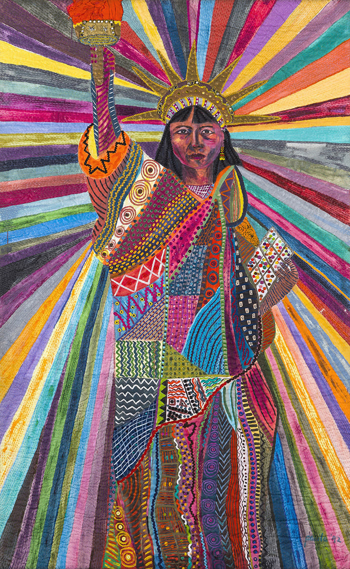 Pacita Abad, L.A. Liberty, 1992, Acrylic, cotton yarn, plastic buttons, mirrors, gold thread, painted cloth on stitched and padded canvas, 239 × × 147 cm, Courtesy of Silverlens Galleries