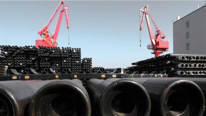 Steel pipes are seen at a port to be loaded onto ships for export to various countries in Lianyungang, eastern China's Jiangsu province on December 1, 2015. Chinese manufacturing activity contracted at its fastest rate for more than three years in November, official data showed on December 1, underlining weakness in the world's second-largest economy. CHINA OUT AFP PHOTO / AFP / STR (Photo credit should read STR/AFP/Getty Images)