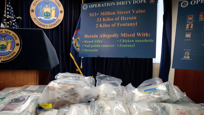 NEW YORK, NEW YORK - SEPTEMBER 23: Bags of heroin are displayed before a press conference regarding a major drug bust, at the office of the New York Attorney General, September 23, 2016 in New York City. New York State Attorney General Eric Scheiderman's office announced Friday that authorities in New York state have made a record drug bust, seizing 33 kilograms of heroin and 2 kilograms of fentanyl. According to the attorney general's office, it is the largest seizure in the 46 year history of New York's Organized Crime Task Force. Twenty-five peopole living in New York, Massachusetts, Pennsylvania, Arizona and New Jersey have been indicted in connection with the case. (Photo by Drew Angerer/Getty Images)
