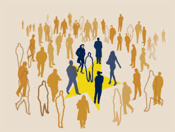 Illustration of silhouettes of people walking towards a yellow star in the centre