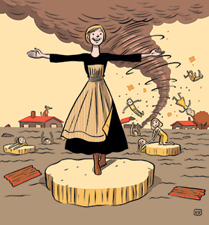 Illustration showing Julie Andrews in The Sound of Music amid the floods