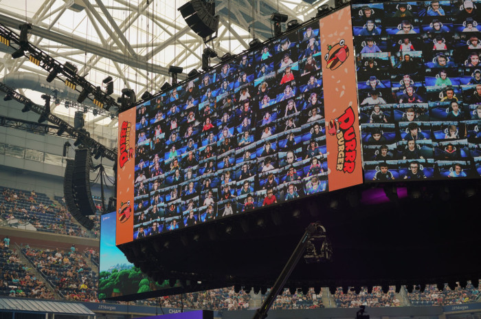 Competitors for the 'Fortnite' World Cup shown on the big screens at Arthur Ashe stadium, New York